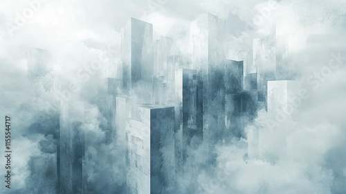 A cityscape with tall buildings and a thick layer of fog