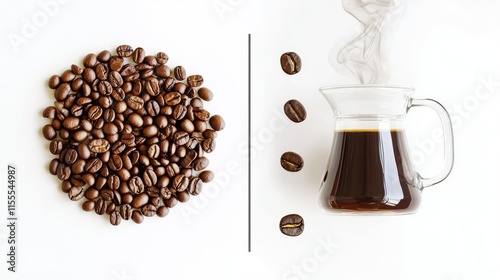 A comparison of light and dark roast coffee beans next to a dripper, carafe, and steaming coffee mug. photo