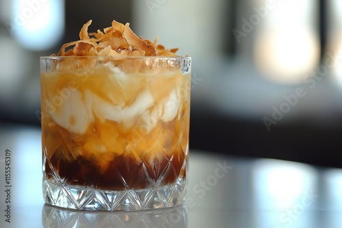 Coconut coffee creation with creamy layers and toasted coconut topping served in a stylish glass