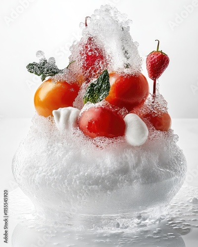 A visually striking display of tomatoes and strawberries in foam, emphasizing freshness. photo