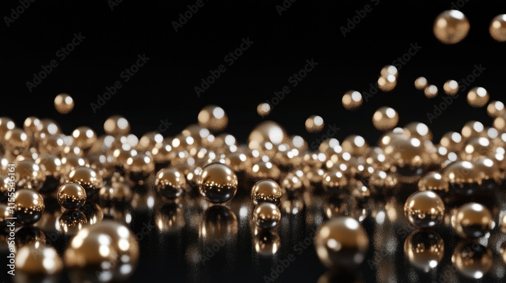 A creative arrangement of round pearls scattered on a reflective black surface, creating a luxurious effect. A creative arrangement of round pearls scattered on a reflective black surface, creating a luxurious effect.