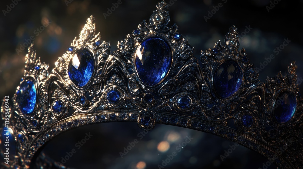 A detailed shot of an ornate crown with deep blue jewels, showcasing its intricate craftsmanship. A detailed shot of an ornate crown with deep blue jewels, showcasing its intricate craftsmanship.