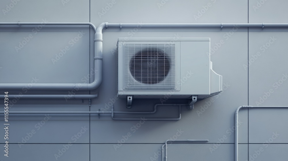 Fototapeta premium A detailed shot of a wall-mounted air conditioner with visible pipes and wiring against a clean exterior.