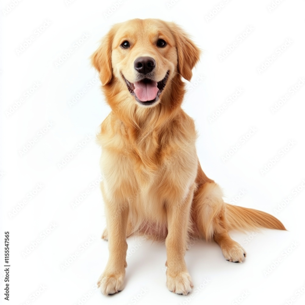 Happy golden retriever sitting against white background Happy golden retriever sitting against white background