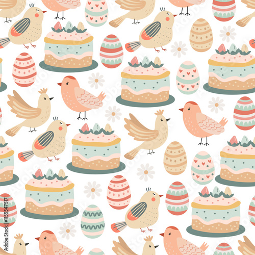 Festive seamless pattern with Easter eggs, cakes and cute birds.  Vector illustration in hand drawn flat style, pastel colors. Ideal for  wrapping paper, holiday textile