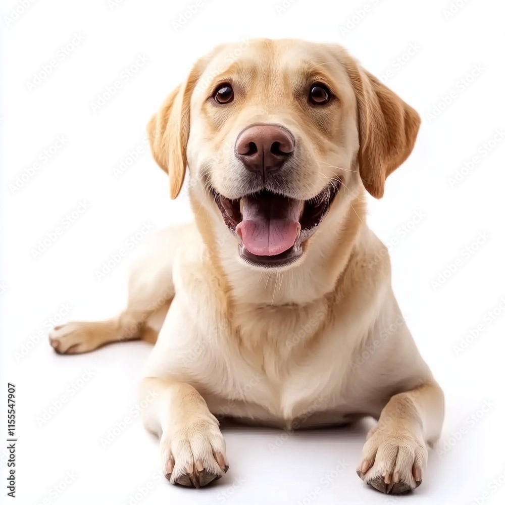 Golden labrador retriever lying against white background, smiling happy dog portrait Golden labrador retriever lying against white background, smiling happy dog portrait