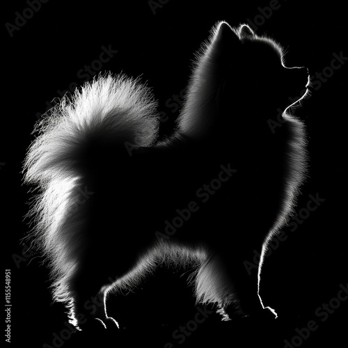 Silhouette of a fluffy pomeranian in profile against black background photo