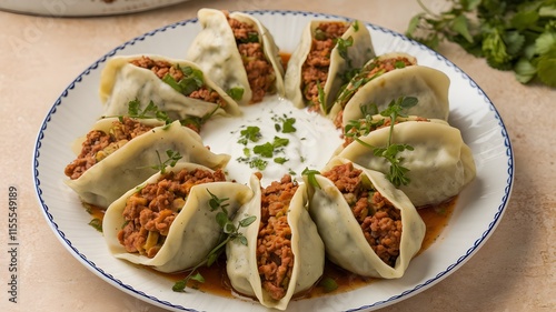 A white plate topped with delicious dumplings filled with meat