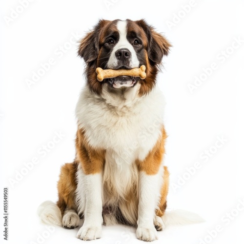 Saint bernard dog with bone in mouth on white background photo