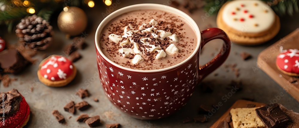 A delicious flat lay with hot chocolate in a festive mug, sprinkled with cocoa, surrounded by holidaythemed treats and decorations, ideal for Christmas vibes A delicious flat lay with hot chocolate in a festive mug, sprinkled with cocoa, surrounded by holidaythemed treats and decorations, ideal for Christmas vibes