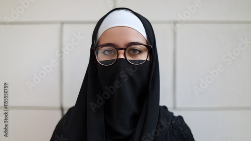 A woman who is wearing glasses and a striking black veil gazes at the camera