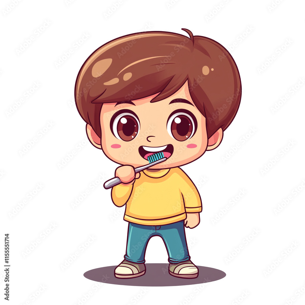 Adorable Boy Brushing Teeth: Cartoon Illustration Adorable Boy Brushing Teeth: Cartoon Illustration
