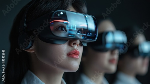 Businesswomen wearing vr headsets exploring metaverse and analyzing data