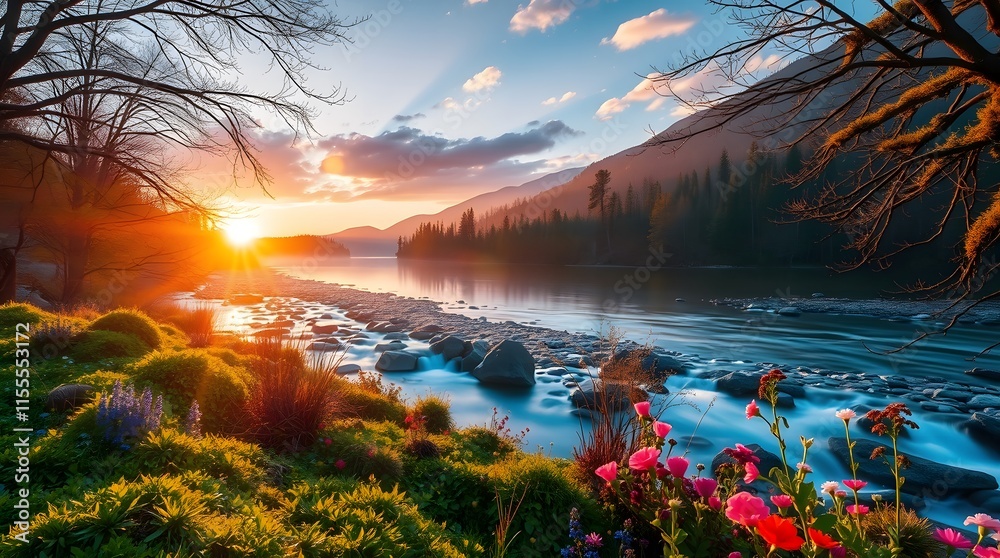Spring Forest Mountain River in Sunrise Spring Forest Mountain River in Sunrise