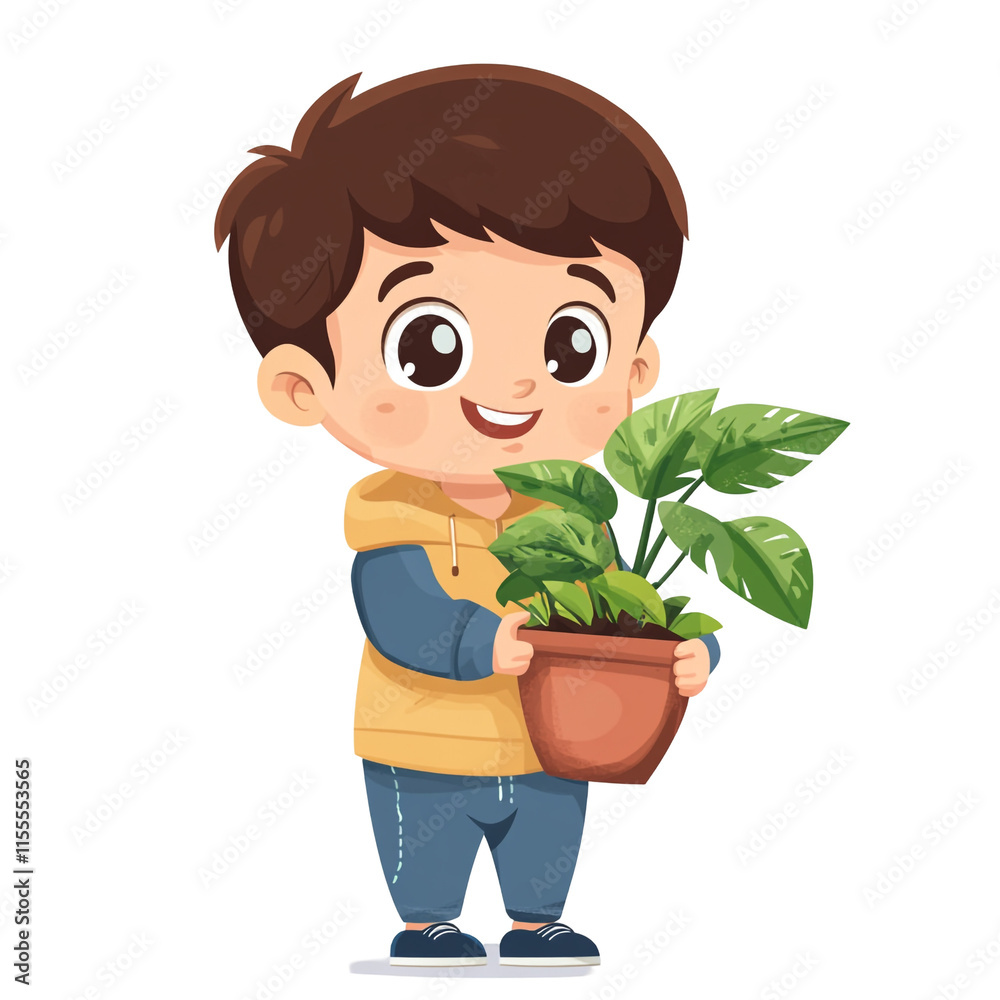 Adorable Little Boy Tenderly Holding a Potted Plant Adorable Little Boy Tenderly Holding a Potted Plant