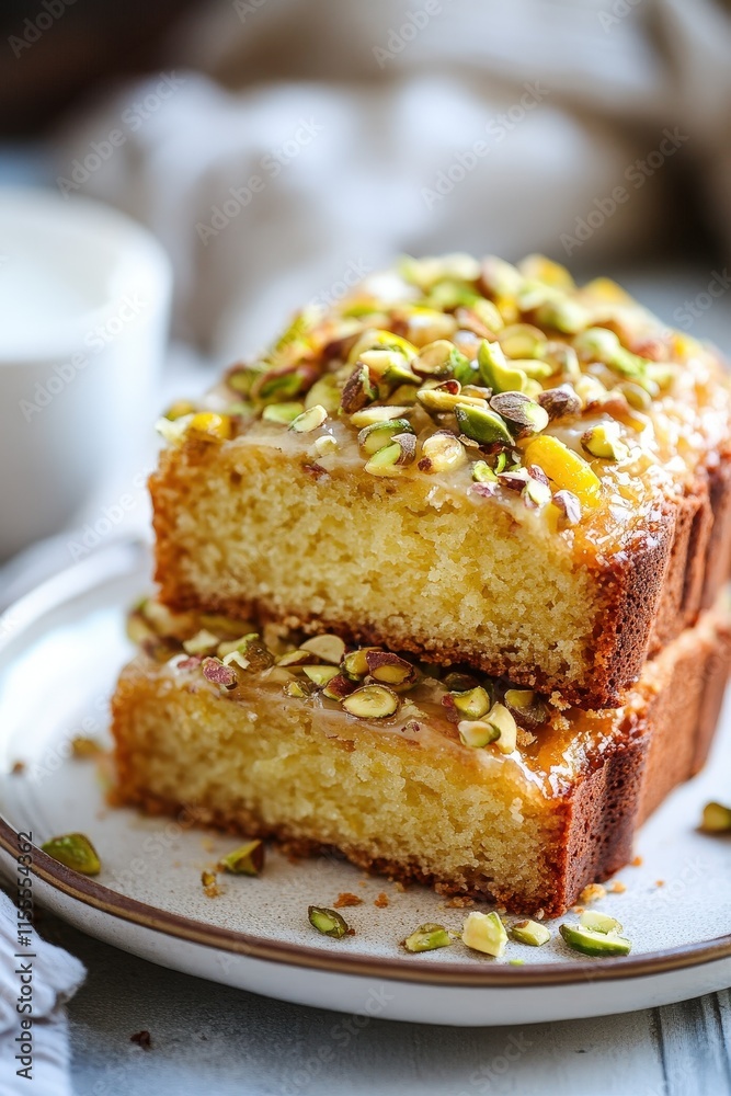Delightful Pistachio Lemon Breakfast Bread Slices with Toppings, Perfect for a Gourmet Morning Treat, Showcasing a Soft and Moist Texture, Garnished with Crunchy Nuts Delightful Pistachio Lemon Breakfast Bread Slices with Toppings, Perfect for a Gourmet Morning Treat, Showcasing a Soft and Moist Texture, Garnished with Crunchy Nuts