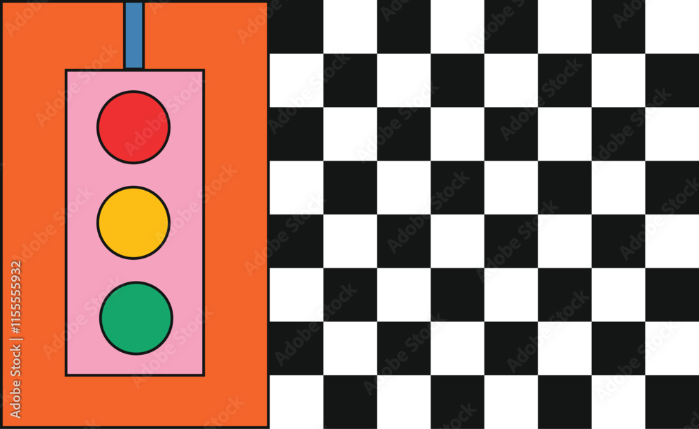 Illustration traffic light with race checker square pixel unique design retro