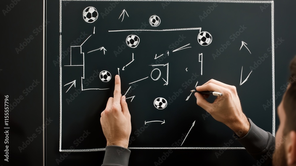 Coach drawing a soccer football game strategy in the locker room