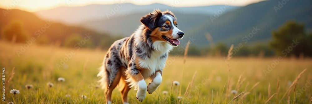 Australian Shepherd joyfully running through golden meadow at sunset mountains in background Australian Shepherd joyfully running through golden meadow at sunset mountains in background