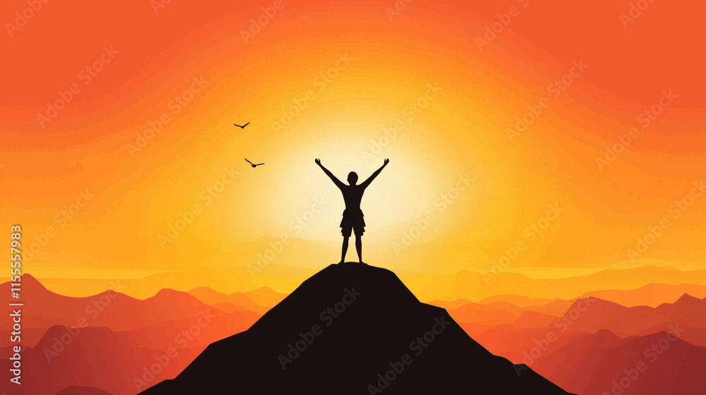 person on mountain peak celebrating sunrise person on mountain peak celebrating sunrise