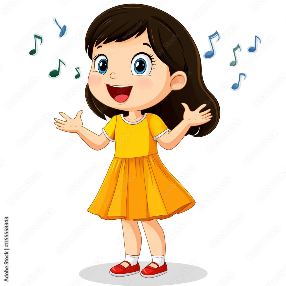 Adorable Girl Singing Joyfully, Music Notes Surround Her, Yellow Dress, Cartoon Illustration Adorable Girl Singing Joyfully, Music Notes Surround Her, Yellow Dress, Cartoon Illustration
