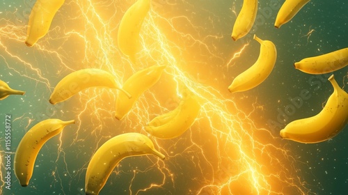 Vibrant Bananas Surrounded by Electric Lightning in a Dynamic Background
