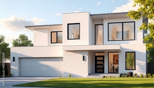 Modern Minimalist White Two-Story Home with Lush Green Lawn and Stunning Architectural Design