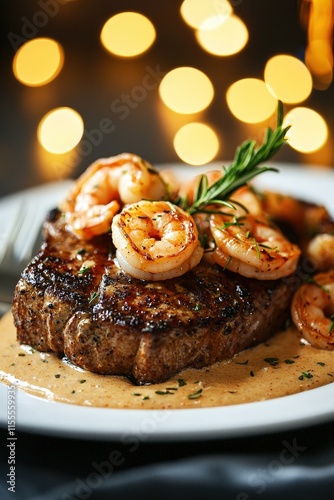 Delicious Grilled Steak Topped with Creamy Cajun Shrimp Sauce on a Plate with a Soft Bokeh Cafe Background for Culinary Inspiration