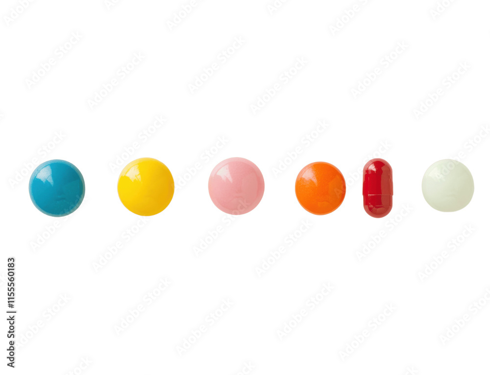 A small set of assorted pills and capsules, arranged in a row with different colors and shapes, isolated on a white background for a clean medical look A small set of assorted pills and capsules, arranged in a row with different colors and shapes, isolated on a white background for a clean medical look