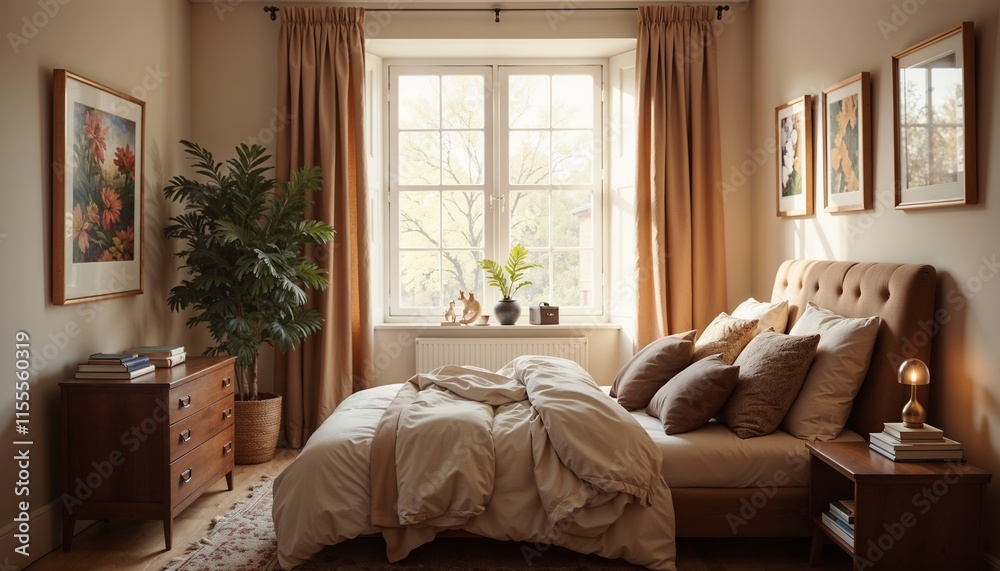 Fototapeta premium Cozy bedroom with soft bedding and decorative plants, warm natural light, inviting atmosphere