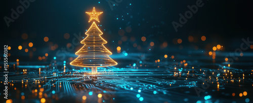 A glowing Christmas tree design appears on a circuit board surrounded by sparkling lights. The tree is outlined in bright colors, highlighting a festive and technological theme.