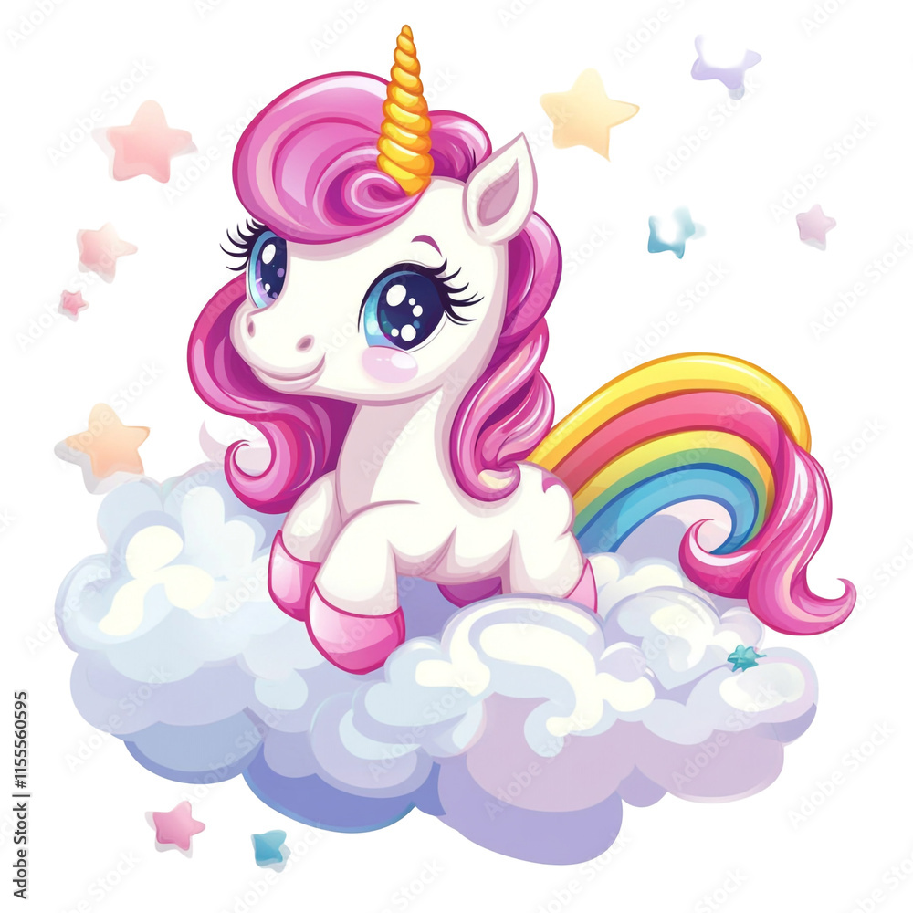 Naklejka premium Adorable Pink Unicorn on a Cloud with Rainbow Tail