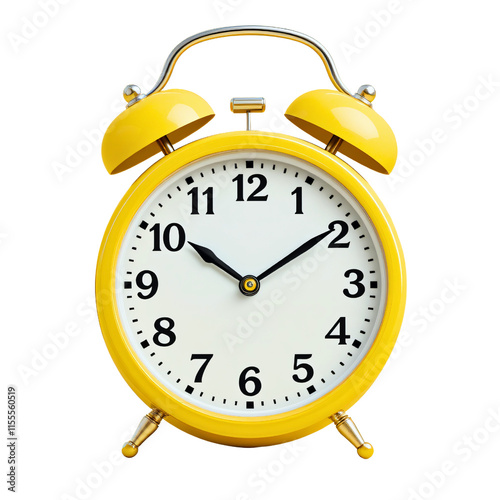 Yellow retro analog alarm clock with classic twin bells isolated on a transparent background