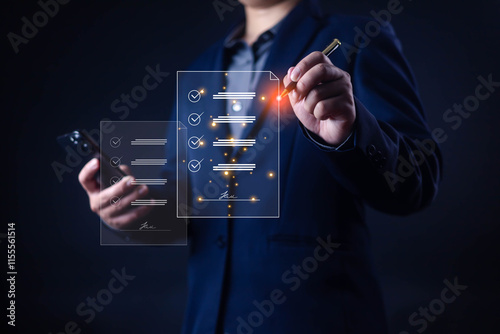 Digital Signature technology office. Businessman using smartphone to sign document using pen,  Online business E-signing on network connection. digital document management, Signing a signature