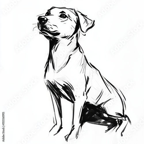 Ink sketch of sitting dog with attentive expression