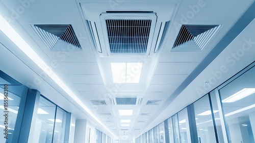 A high-rise office tower lobby featuring built-in air conditioning units discreetly installed overhead. photo