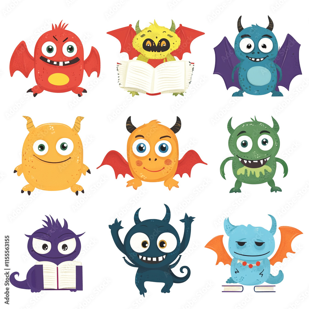 Obraz premium Nine Adorable Cartoon Monsters Reading Books