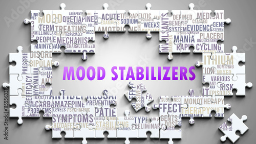 Mood Stabilizers as a complex subject, related to important topics. Pictured as a puzzle and a word cloud made of most important ideas and phrases related to mood stabilizers. ,3d illustration