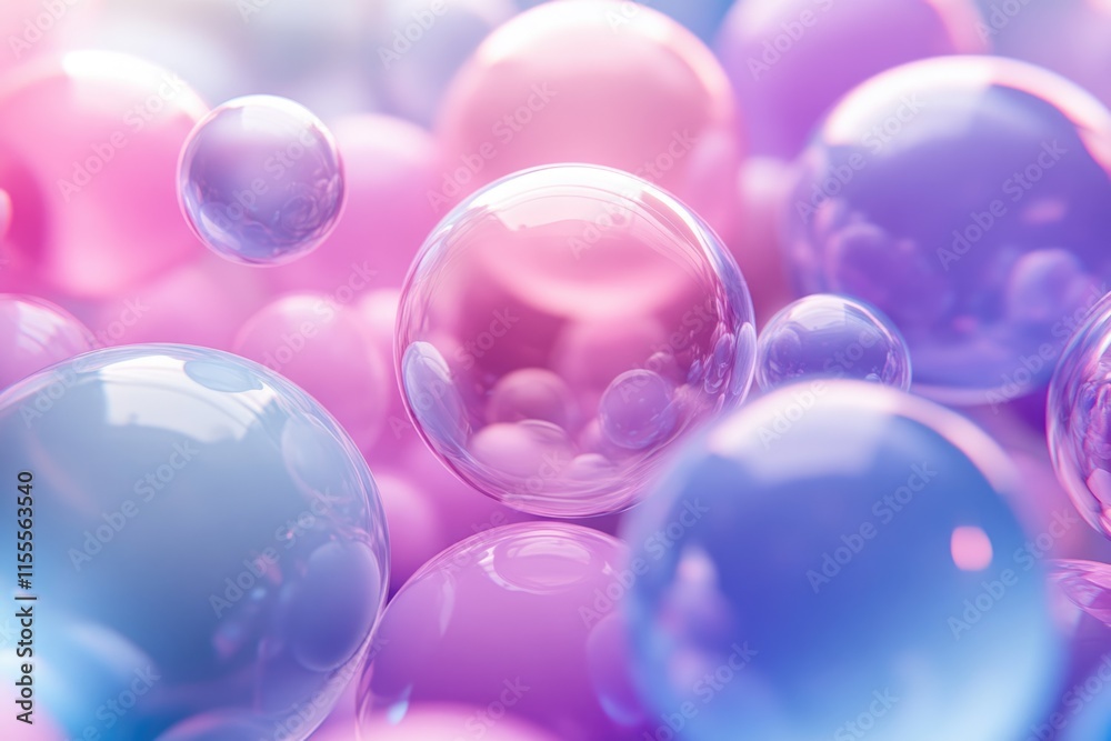 Close-up of many translucent pastel pink and blue bubbles. Close-up of many translucent pastel pink and blue bubbles.