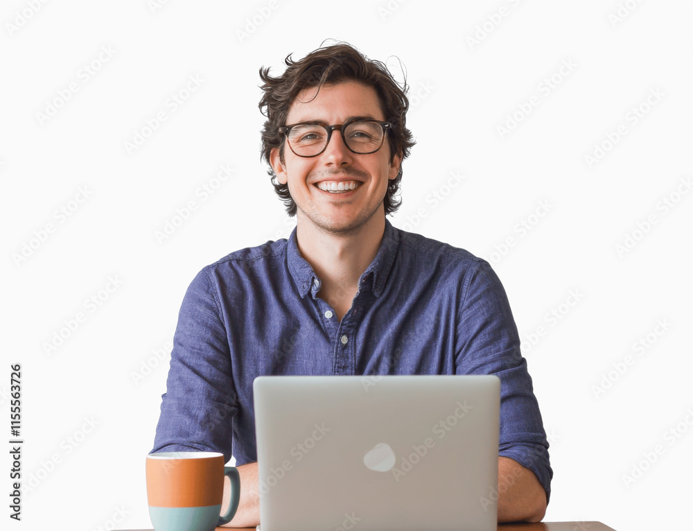 A digital marketer sitting with a laptop and coffee mug, focused on the screen with a smile, isolated on a white background for a relaxed office vibe A digital marketer sitting with a laptop and coffee mug, focused on the screen with a smile, isolated on a white background for a relaxed office vibe