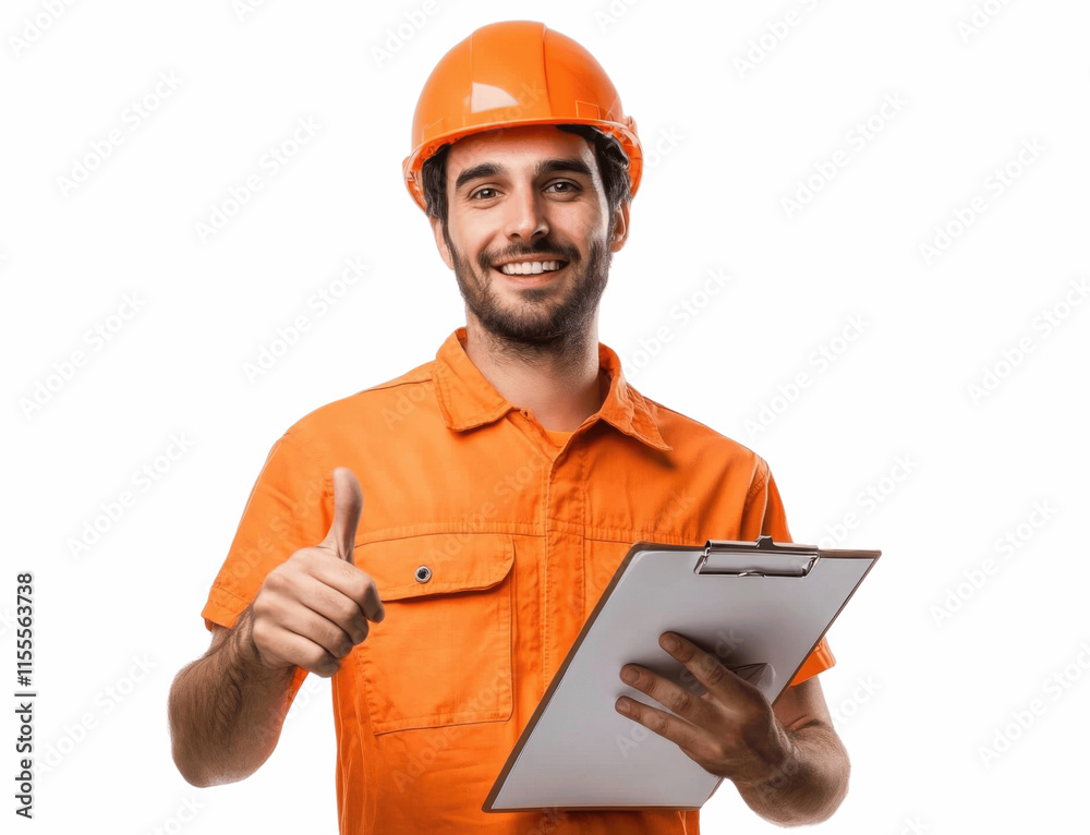 A team leader with a confident smile, holding a clipboard and pointing at a plan, facing forward, isolated on a white background A team leader with a confident smile, holding a clipboard and pointing at a plan, facing forward, isolated on a white background