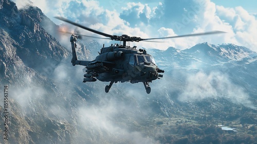Heavily Armed Military Helicopter Flying in Mid Air During Operation