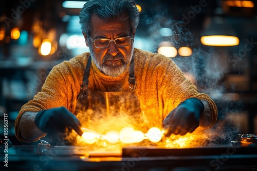 A glass artist in the workshop forms molten glass. Generative AI photo