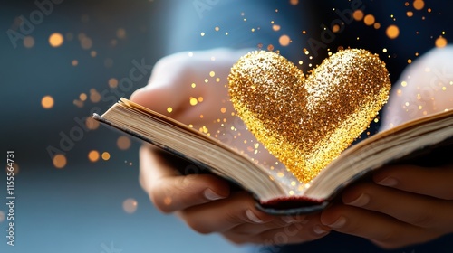 Golden Heart Sparks Emerge from Open Book Magic and Love Concept