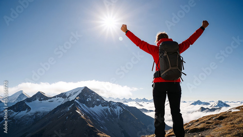 Wallpaper Mural Female hiker celebrating reaching mountain peak with inspiring view Torontodigital.ca