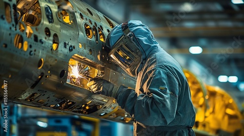 Technician in Protective Suit Welding Parts in Airplane Industrial Setting