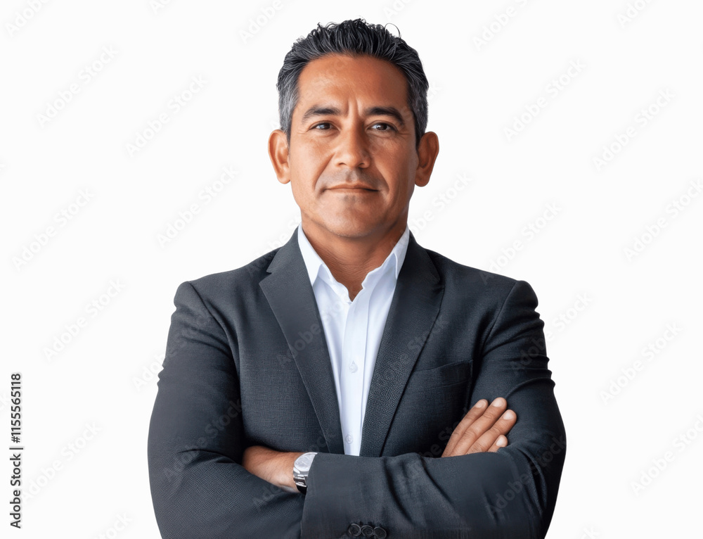 A solo entrepreneur in business attire, standing with arms crossed, facing forward with a professional expression A solo entrepreneur in business attire, standing with arms crossed, facing forward with a professional expression