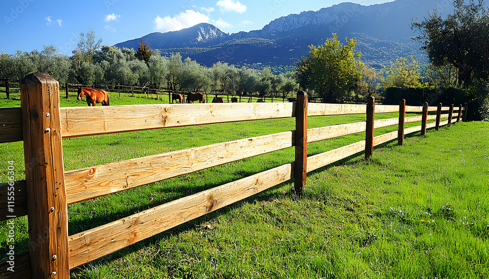 Wooden fence in a green pasture with horses grazing peacefully, mountains in the background. Ideal for rural, equestrian, or nature themes. Wooden fence in a green pasture with horses grazing peacefully, mountains in the background. Ideal for rural, equestrian, or nature themes.
