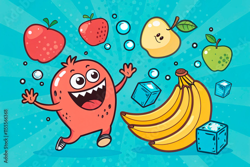 A modern and refreshing pop art vector illustration. Elements to Include are a jouyful cute cartoon monster, fresh apples, ripe bananas, sparkling bubbles, ice cubes. Vibrant colors - generated by ai photo