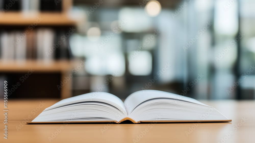 Open book resting on a wooden table in a cozy library filled with shelves of books during the afternoon